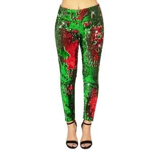 Tipsy Elves Red & Green Reversible Sequin High Waisted Leggings, Size Large NWT